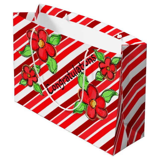 Red Floral Gratulationen Geschenktasche Große Geschenktüte (Rückseite Schrägansicht)