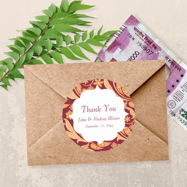 Red Floral Henna Gastgeschenk Hochzeit Runder Aufkleber (Von Creator hochgeladen)