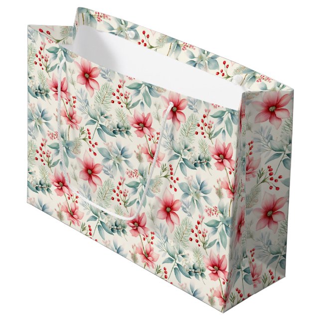 Red Floral Holiday Geschenktasche Große Geschenktüte (Vorderseite Schrägansicht)