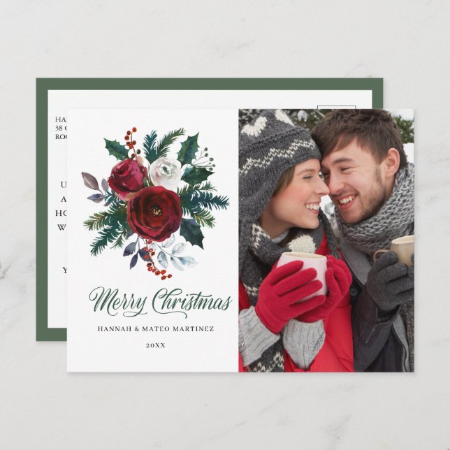Red Floral Holly Foto Weihnachtsfeiertag Postkarte (Vorne/Hinten)