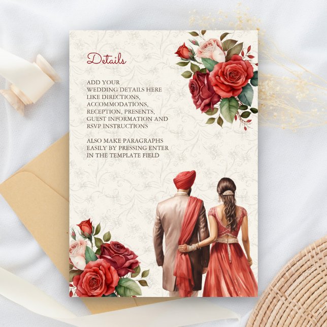Red Floral Indian Punjabi Sikh Wedding Details Begleitkarte (Von Creator hochgeladen)