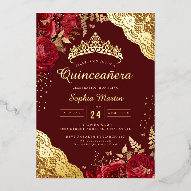 Red Floral Lace Quinceanera Folieneinladung (Vorderseite)