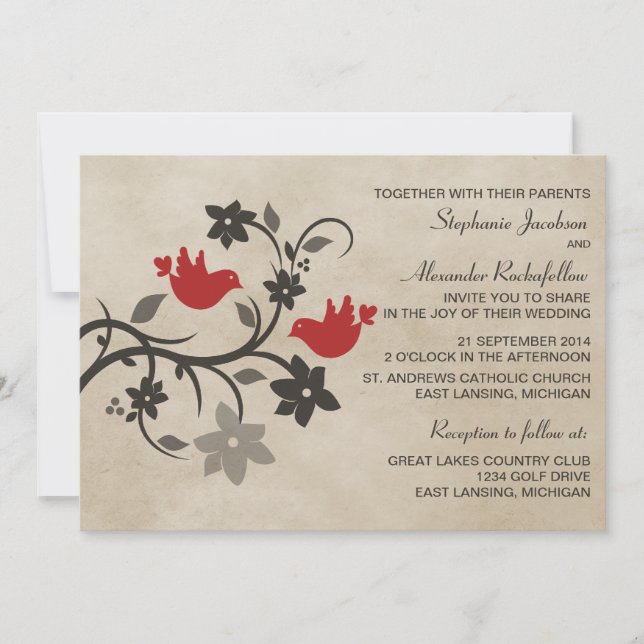 Red Floral Lovebirds Hochzeitseinladung Einladung (Vorderseite)
