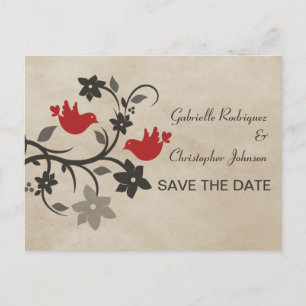 Red Floral Lovebirds Save the Date Postcard Ankündigungspostkarte