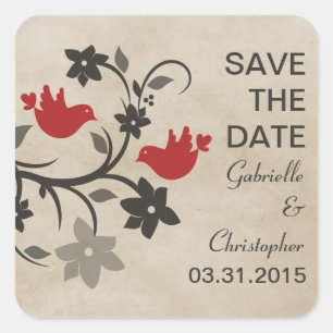Red Floral Lovebirds Save the Date Stickers
