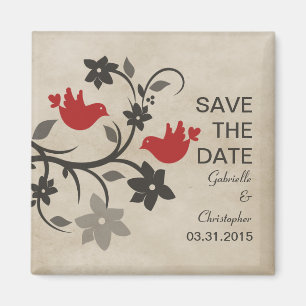 Red Floral Lovebirds speichern Datum Magnet