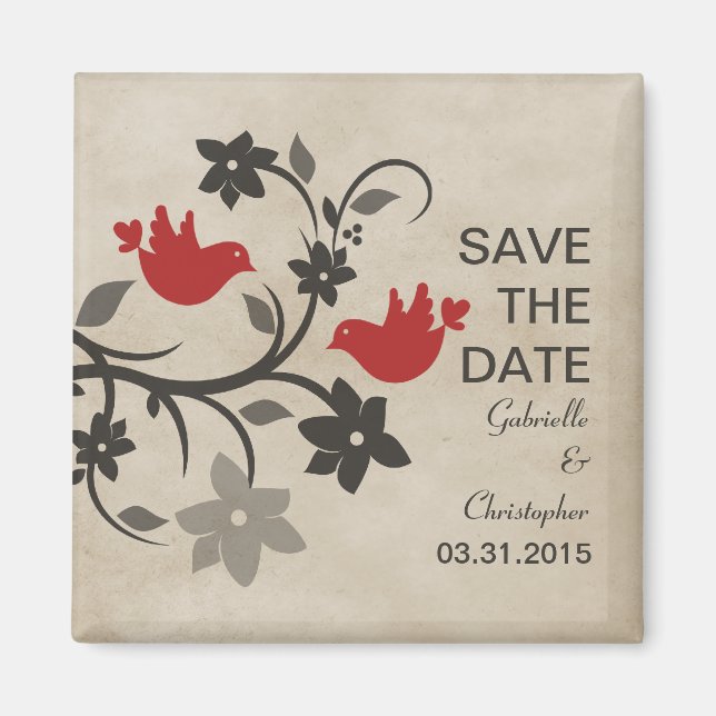 Red Floral Lovebirds speichern Datum Magnet (Vorne)