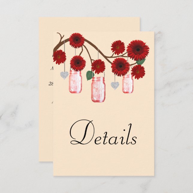 Red Floral Mason Jars Wedding Details Begleitkarte (Vorne/Hinten)
