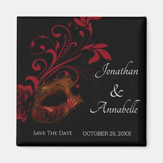 Red Floral Masquerade Save the Date Magnet (Vorne)