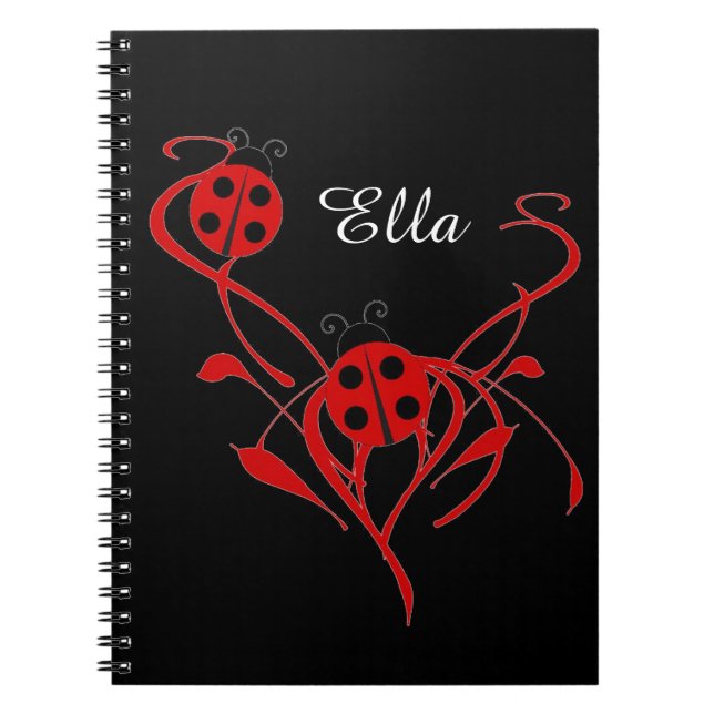 Red Floral mit Ladybug Monogram Notebook Notizblock (Vorderseite)