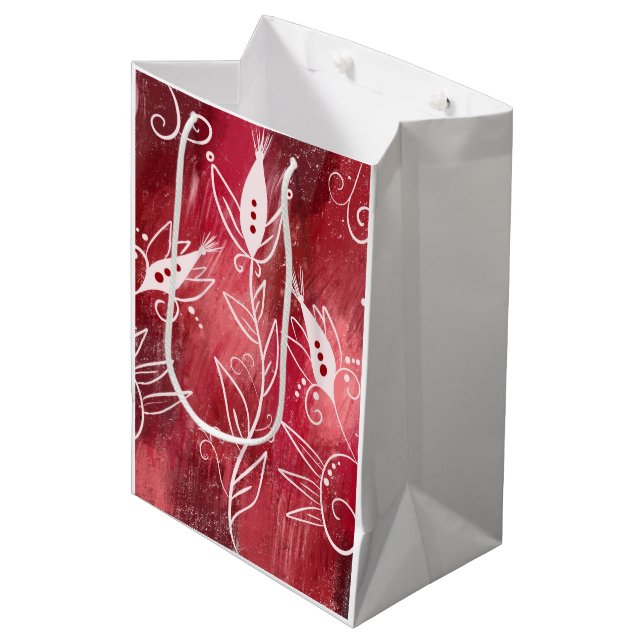 Red Floral Pattern Mittlere Geschenktüte (Vorderseite Schrägansicht)