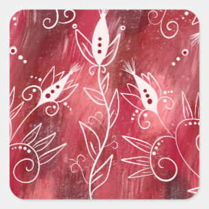 Red Floral Pattern Quadratischer Aufkleber