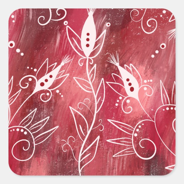 Red Floral Pattern Quadratischer Aufkleber (Vorderseite)