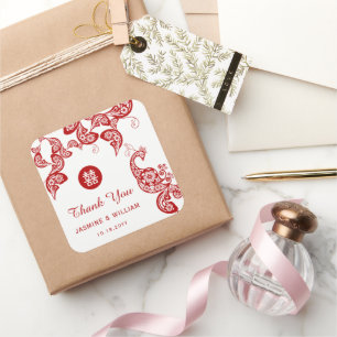 Red Floral Peacock Double Happiness Asiatische Hoc Quadratischer Aufkleber