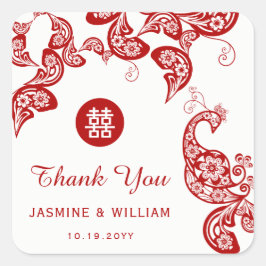 Red Floral Peacock Double Happiness Asiatische Hoc Quadratischer Aufkleber