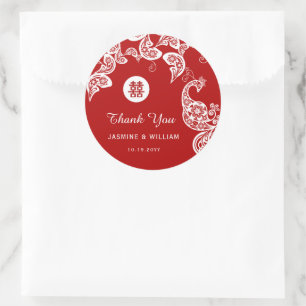 Red Floral Peacock Double Happiness Asiatische Hoc Runder Aufkleber