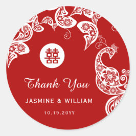 Red Floral Peacock Double Happiness Asiatische Hoc Runder Aufkleber