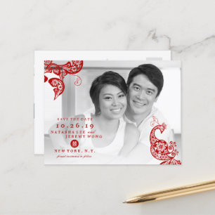 Red Floral Peacock Foto Chinesisch Save the Date Ankündigungspostkarte