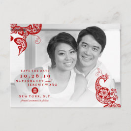 Red Floral Peacock Foto Chinesisch Save the Date Ankündigungspostkarte