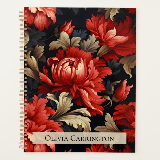 Red Floral Peony Pattern Personalisiert Planer (Vorderseite)