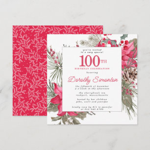 Red Floral Poinsettia 100. Geburtstagsparty Square Einladung