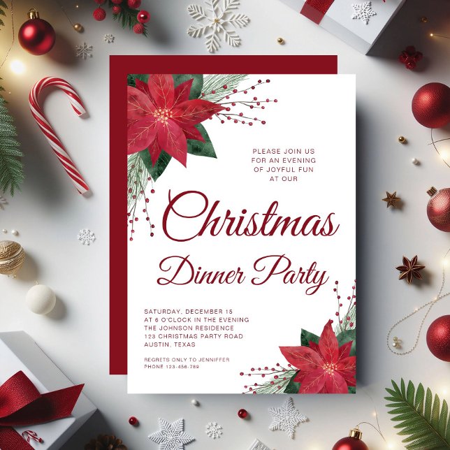 Red Floral Poinsettia Weihnachtsabend Party Einladung (Red Floral Poinsettia Christmas Dinner Party Invitation)