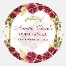 Red Floral Princess Gold Arch Quinceanera Runder Aufkleber