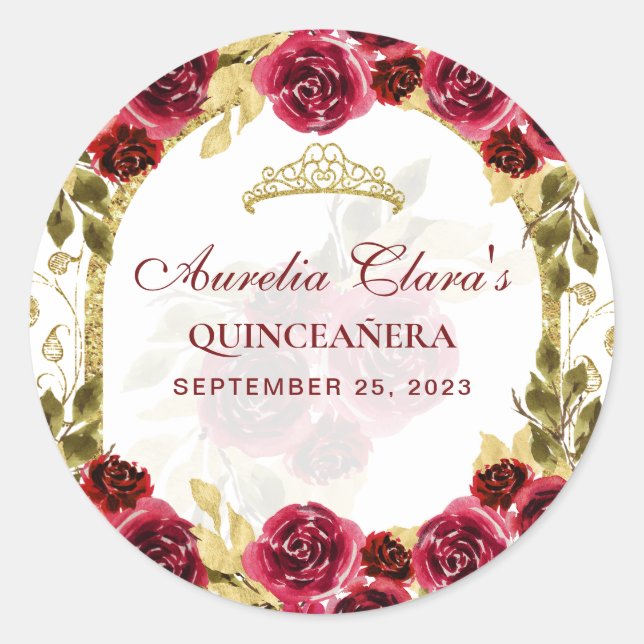 Red Floral Princess Gold Arch Quinceanera Runder Aufkleber (Vorderseite)