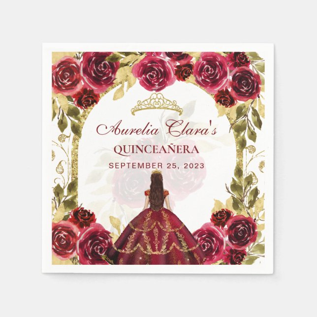 Red Floral Princess Gold Arch Quinceanera Serviette (Vorderseite)