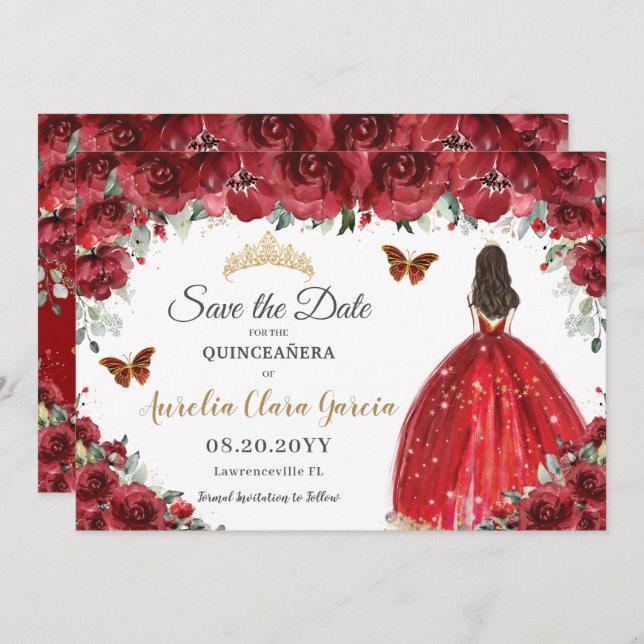 Red Floral Princess Gold Quinceañera Save the Date (Vorne/Hinten)
