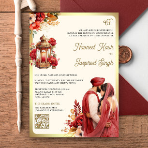Red Floral QR Code Anand Karaj Sikh Wedding Einladung
