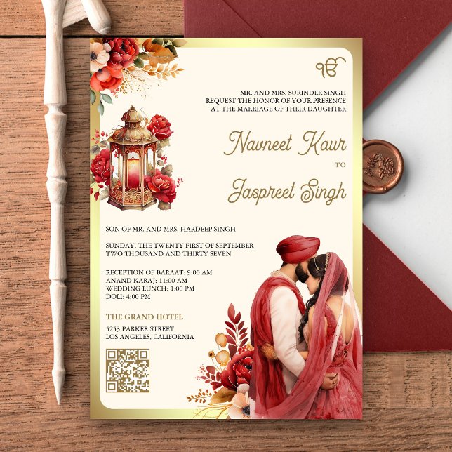 Red Floral QR Code Anand Karaj Sikh Wedding Einladung (Von Creator hochgeladen)