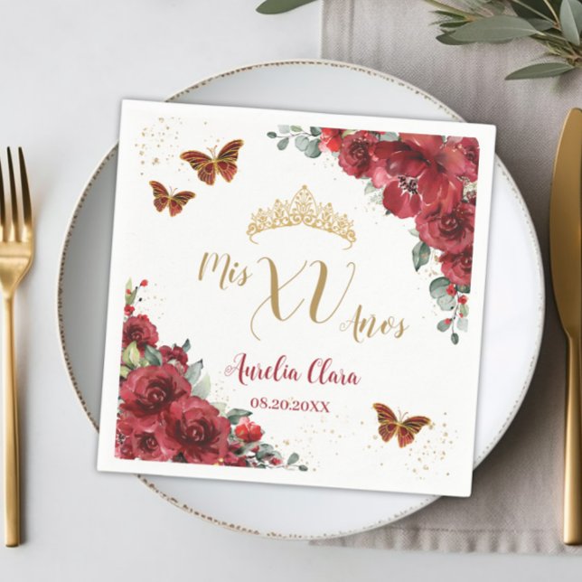 Red Floral Quinceanera Birthday Gold Schmetterling Serviette (Von Creator hochgeladen)