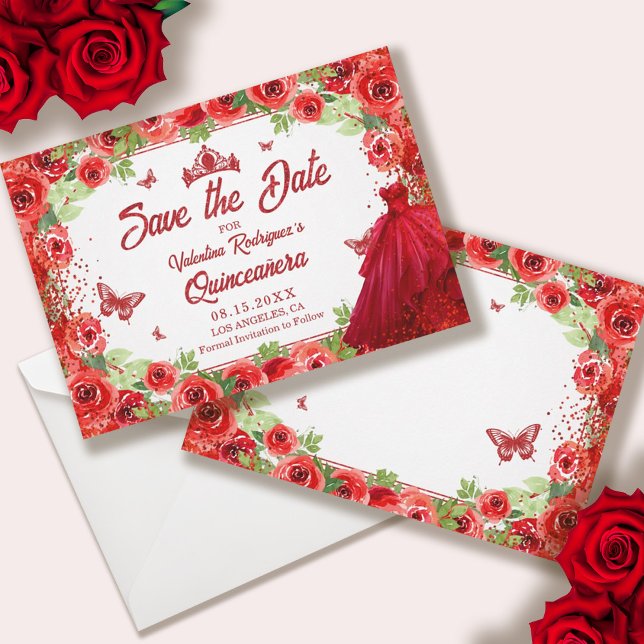 Red Floral Quinceanera Crown Save the Date (Red Floral Quinceanera Crown Save the Date)