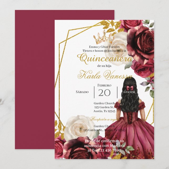 Red Floral Quinceanera Einladung (Vorne/Hinten)