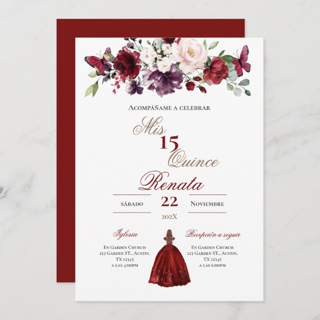 Red Floral Quinceañera Invitation Spanish  Einladung (Vorne/Hinten)