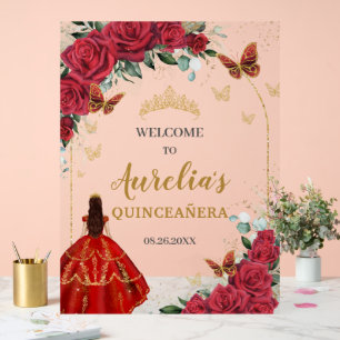 Red Floral Quinceañera Princess Gold Butterfliegen Acrylschild
