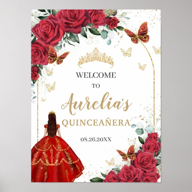 Red Floral Quinceañera Princess Gold Butterfliegen Poster (Vorne)