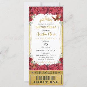 Red Floral Rose Quinceañera Sweet 16 VIP Ticket Einladung