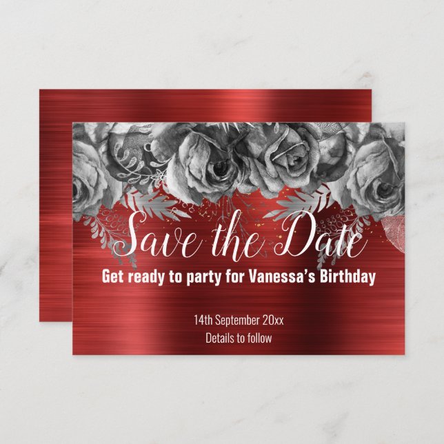 RED FLORAL SAVE THE DATE RSVP CARD (Vorne/Hinten)
