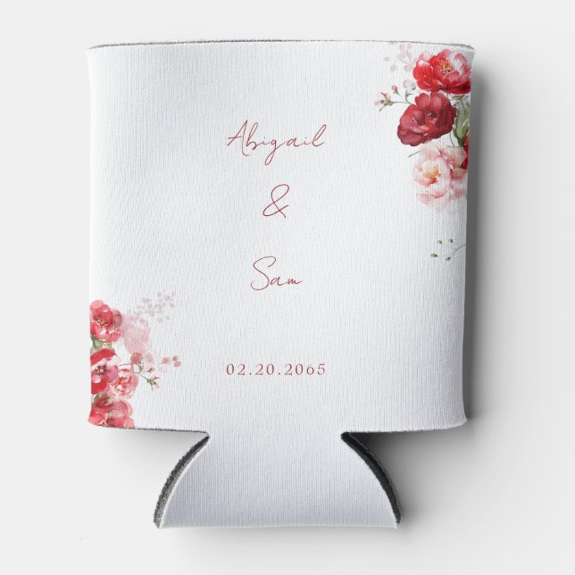 Red Floral Script-Gastgeschenk Hochzeit Dosenkühler (Vorderseite)