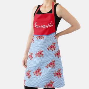 Red Floral Shabby Chic Blue Gingham Lily Kitchen Schürze