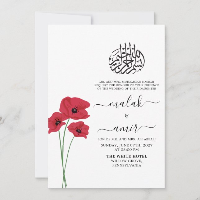 Red Floral Simple Black Islamic Wedding Einladung (Vorderseite)