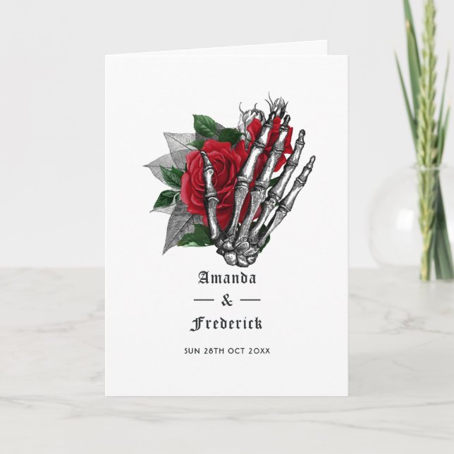 Red Floral Skeleton Gothic Wedding Programm (Vorderseite)