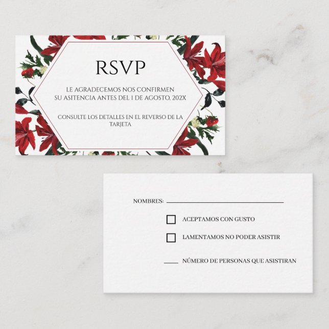 Red Floral Spanish Wedding RSVP Card Begleitkarte (Vorne/Hinten)
