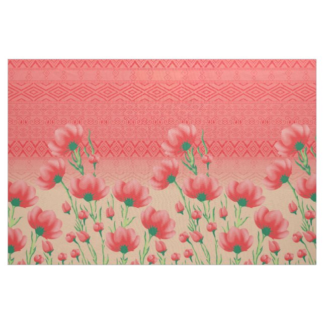 Red Floral Textile | Geometrisches Mohndruck Stoff (Yard (91,4 cm))
