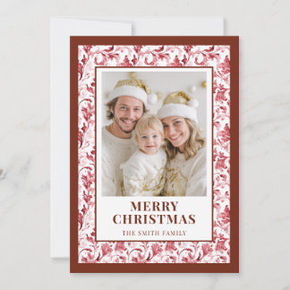 Red Floral Toile Christmas Photo Holiday Card Feiertagskarte