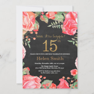 Red Floral Überraschung 15. Geburtstag Gold Glitze Einladung