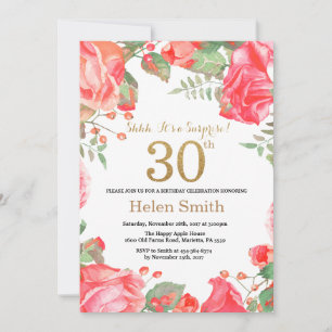 Red Floral Überraschung 30. Geburtstag Gold Glitze Einladung