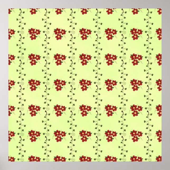 Red Floral Vine Pattern on Light Green Poster (Vorne)